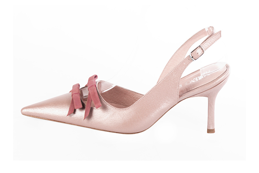 Powder pink women's open back shoes, with a knot. Pointed toe. High slim heel. Profile view - Florence KOOIJMAN